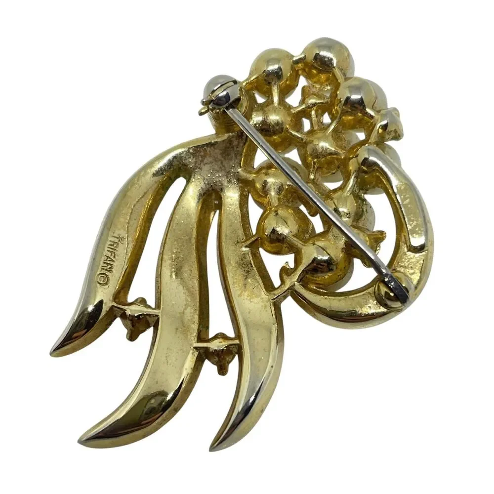 TRIFARI crown signed gold plated faux pearls rhinestones flower designer brooch